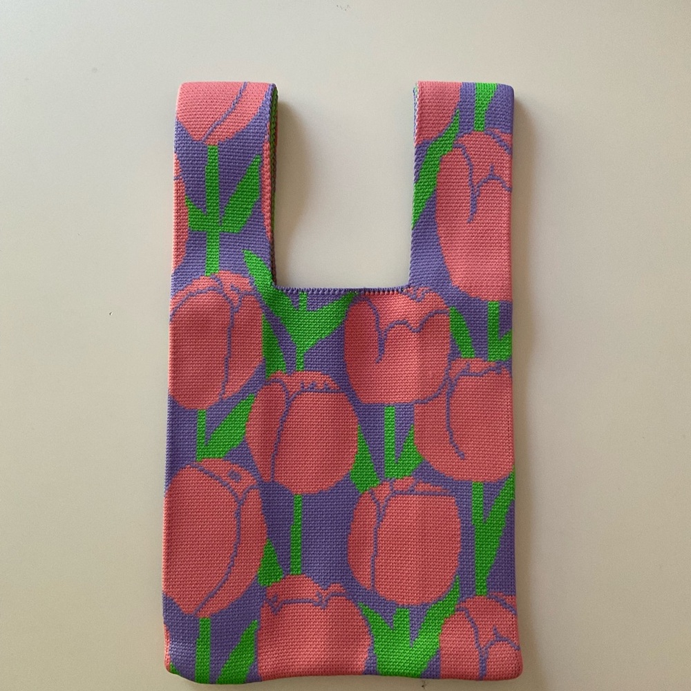 NEW Knit Woven Stretchy Fabric Bag Small Purse Handles Wrist Loop Tulips